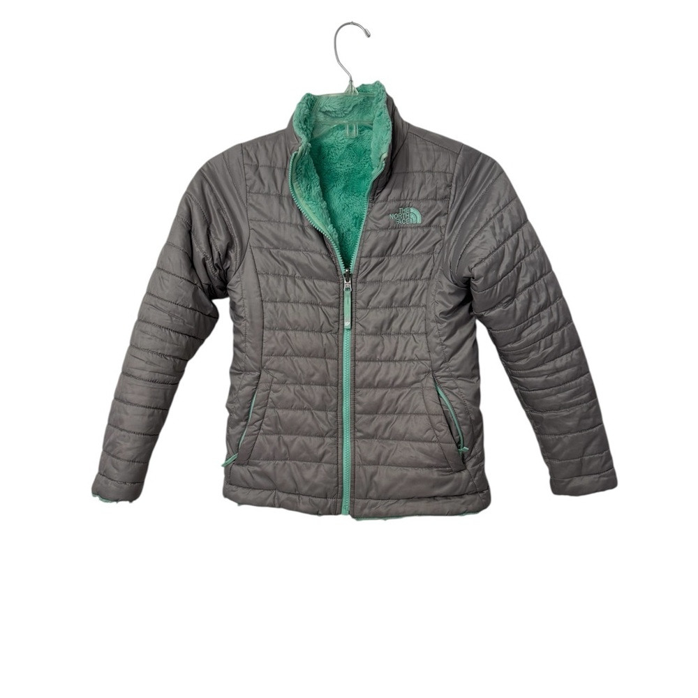 The North Face Gray and Teal Jacket with Fleece Lining Girls Size M (10/12)